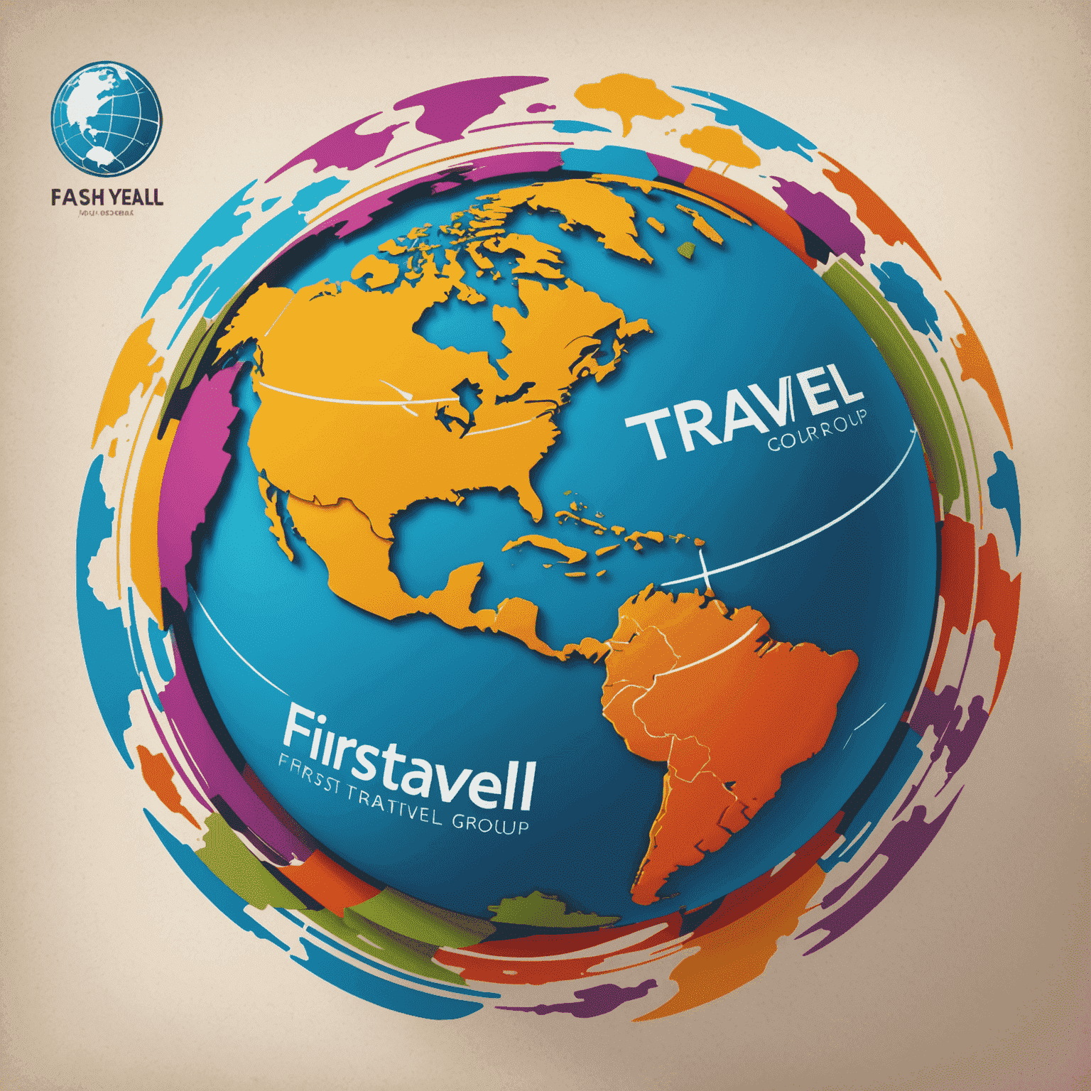 First Travel Group logo featuring a stylized globe with vibrant colors representing different travel destinations