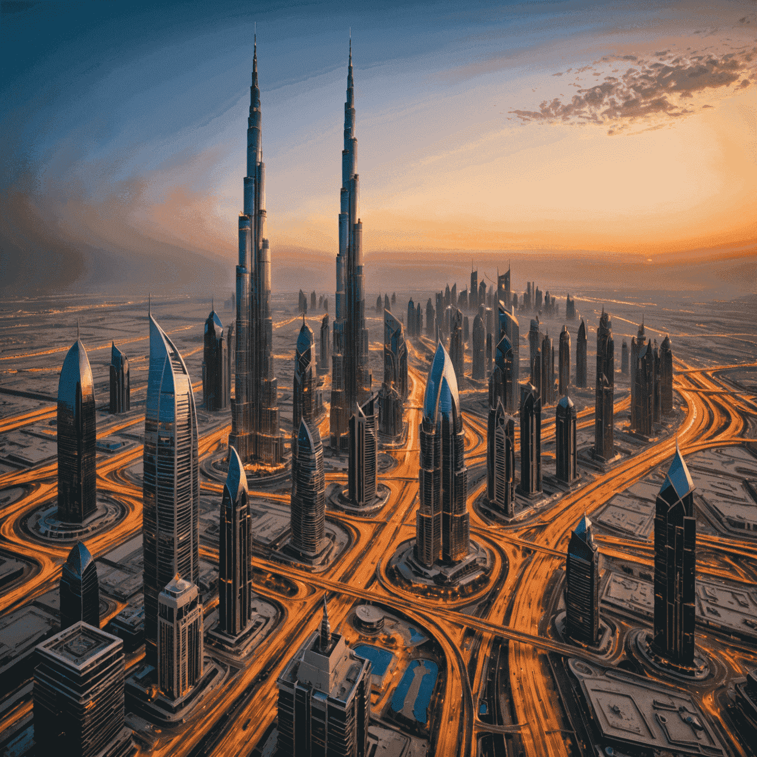 Dubai skyline with Burj Khalifa, modern skyscrapers, and busy Sheikh Zayed Road at sunset