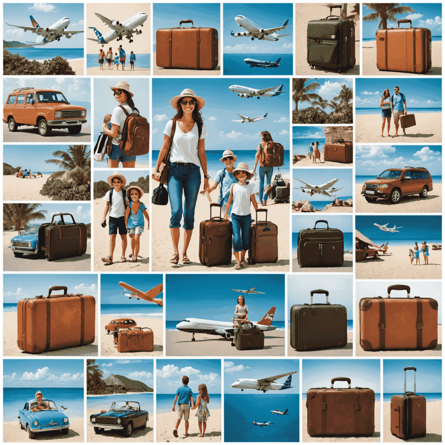 A collage of travel images including a passport, airplane, suitcase, and a family on vacation, symbolizing the importance of travel insurance