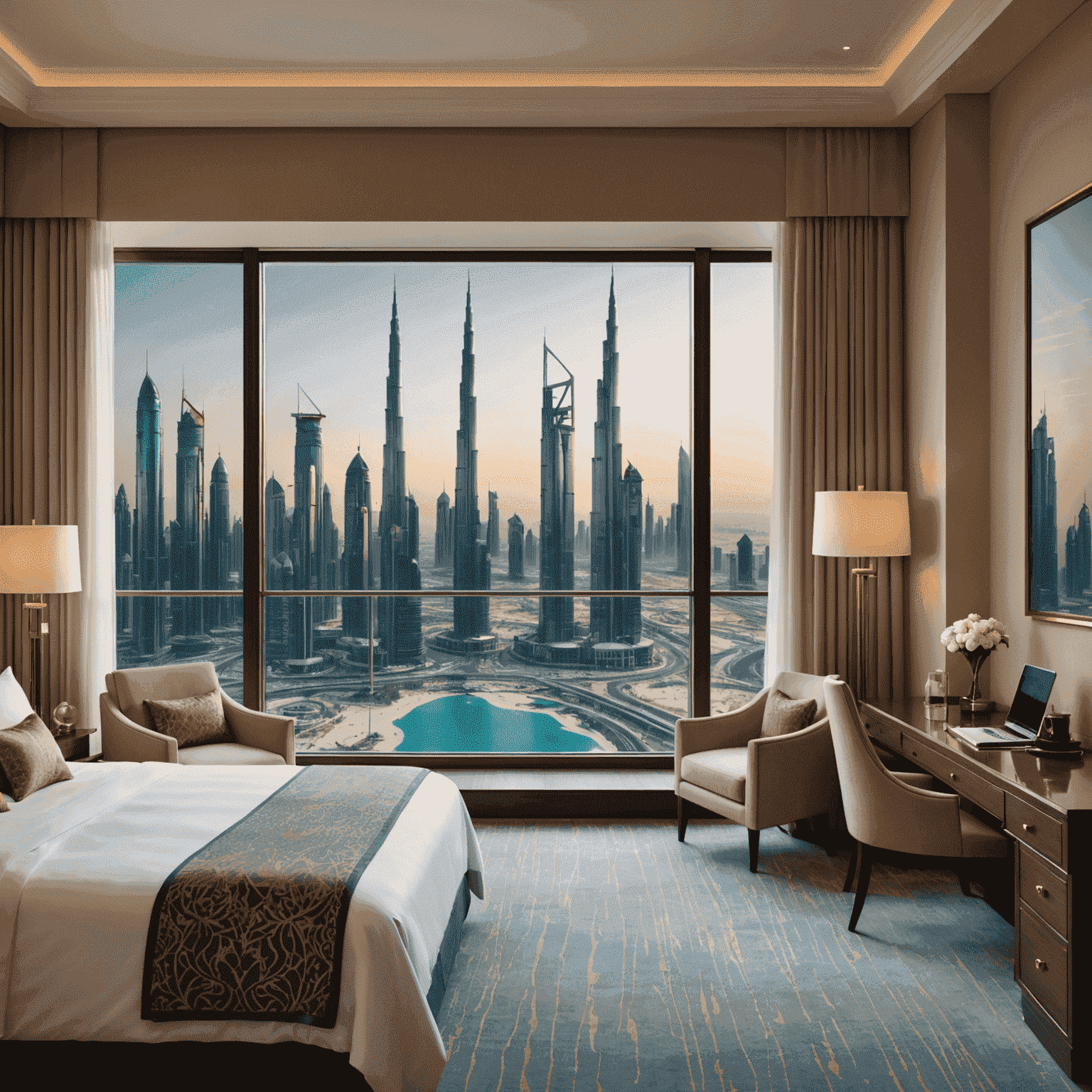 Luxurious hotel room with a view of Dubai skyline, representing our hotel reservation services
